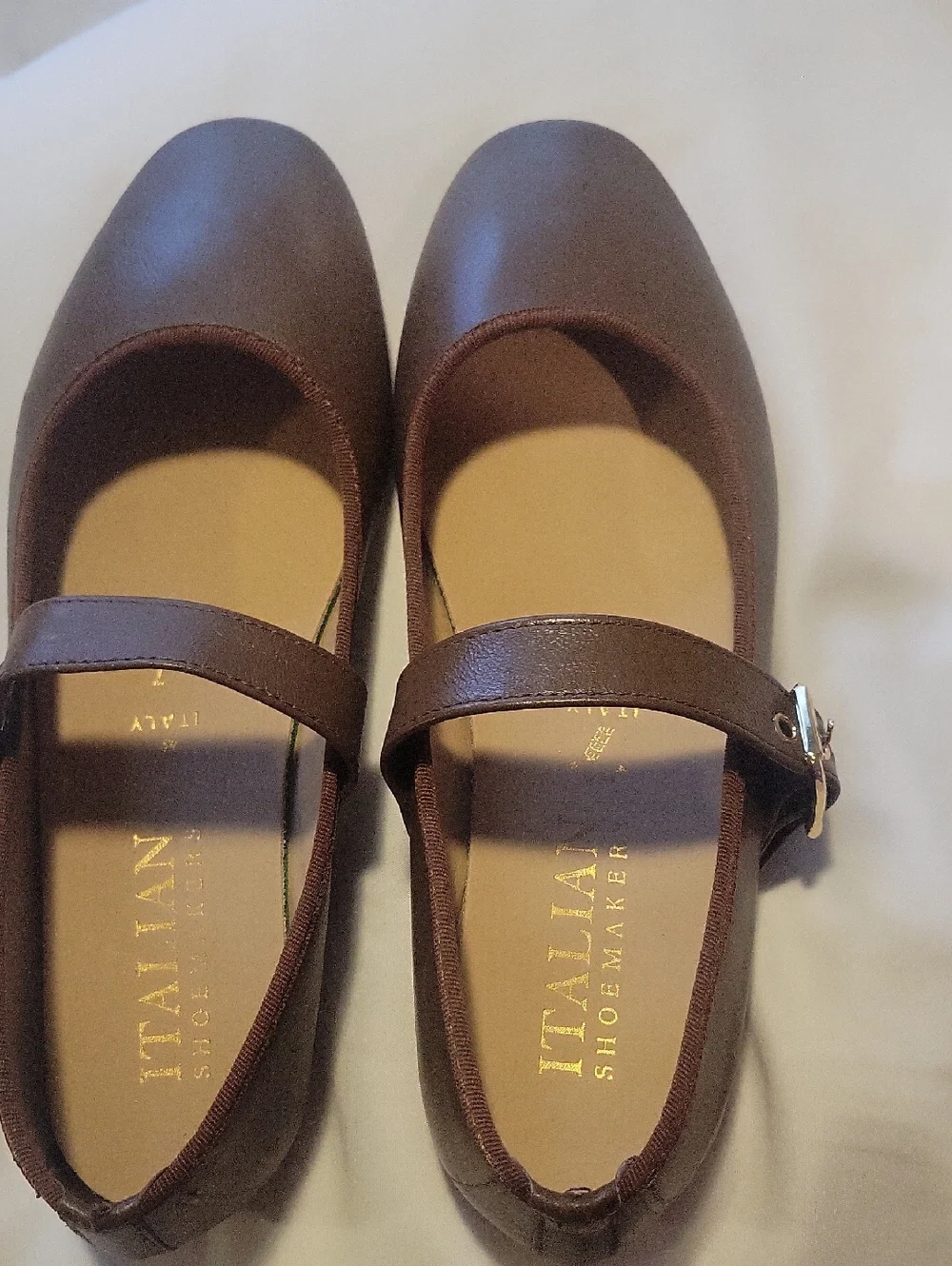Size 7 Italian Shoemakers Brown Mary Jane Flats with Gold Logo - Picture 2 of 7